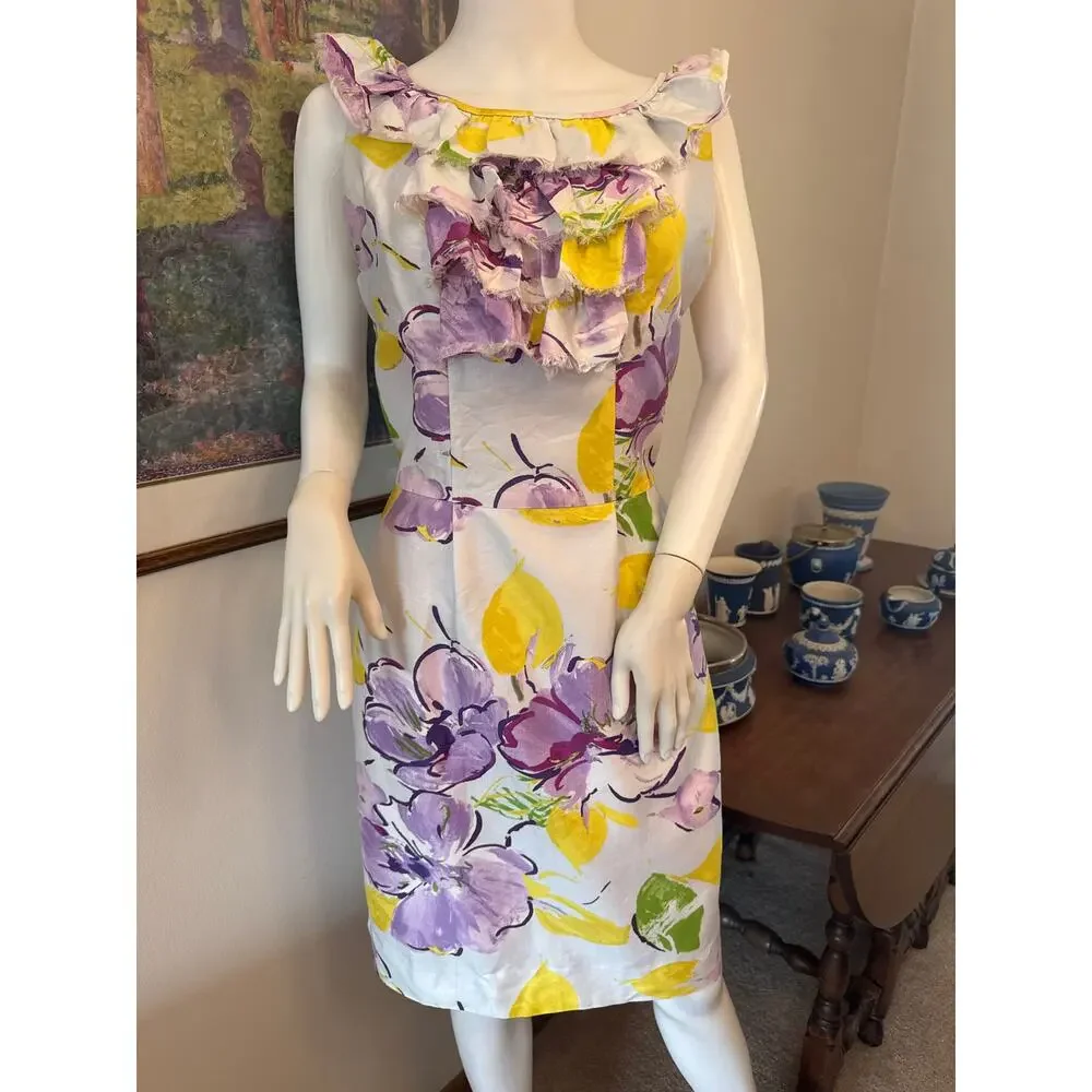 Kate Spade Silk Blend Preppy Feminine Floral Ruffled Purple Yellow Dress Size 8